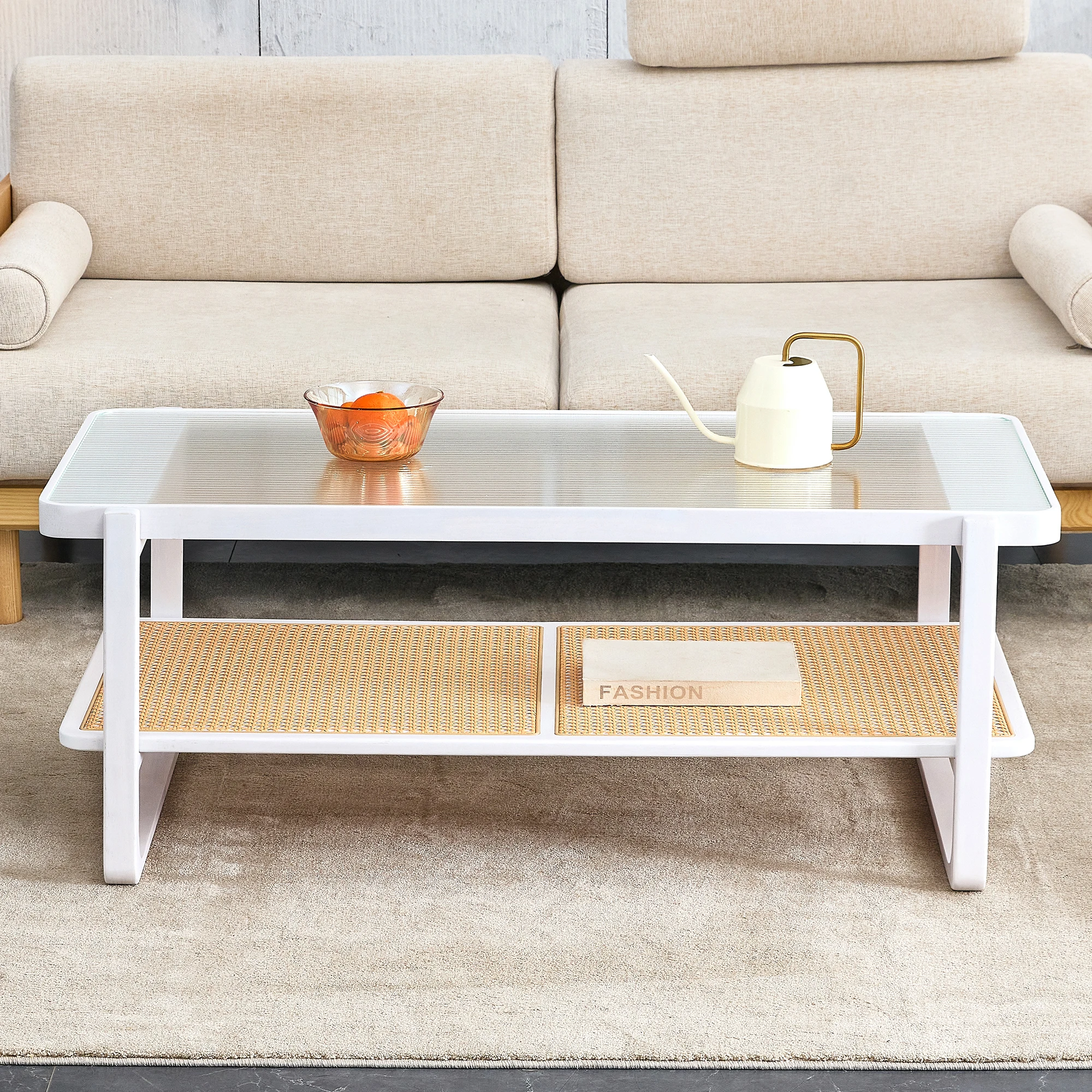 Modern Minimalist White Double Layered solid wood coffee table Glass tabletop Imitation Rattan Edge Table Rectangular Table Suit