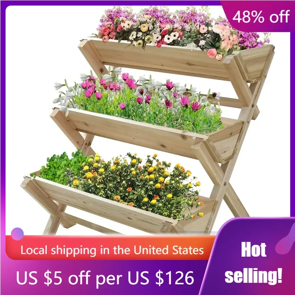 35x22x36 inches 3-Tiers Wooden Raised Garden Bed, Fir Wood Flower Rack Vertical Flower Pot Stands for Patio, Outdoor,Natural