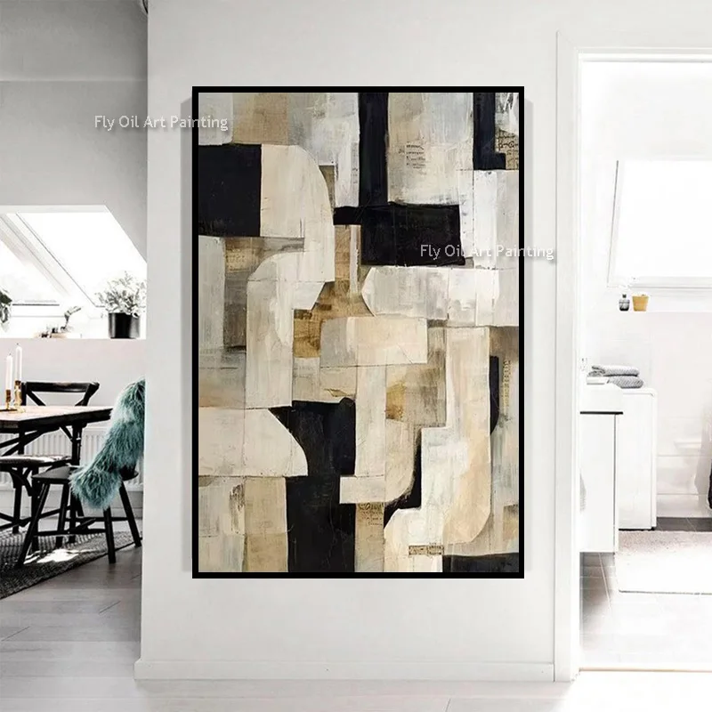 Neutral Tone Block Abstract Oil Painting Handmade Textured Impasto Beige Black Geometric Canvas Wall Art Decoration As Gifts