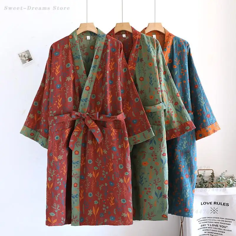 

Female Japanese Retro Kimono Bathrobe Spring Summer Yukata Print Flower Cotton Robe Sleepwear Loose Casual Home Dressing Gown