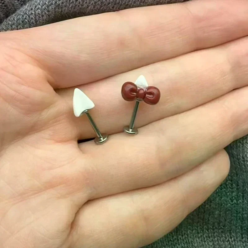2Pcs Bow Heart Ear Bone Nail Titanium Steel Cute Earrings For Women Puncture Jewelry Accessories