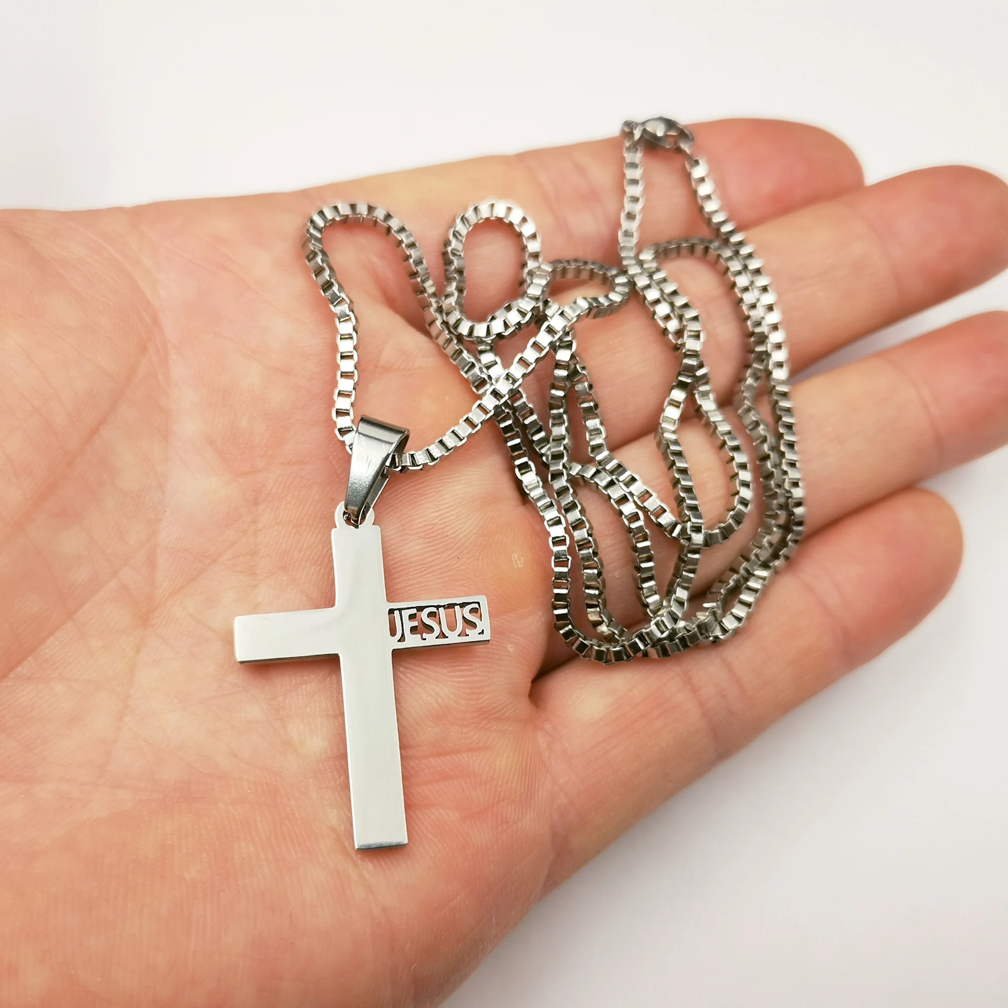 jesus christ Cross Pendant Necklace For Women Mens Boys Stainless Steel Box Chain