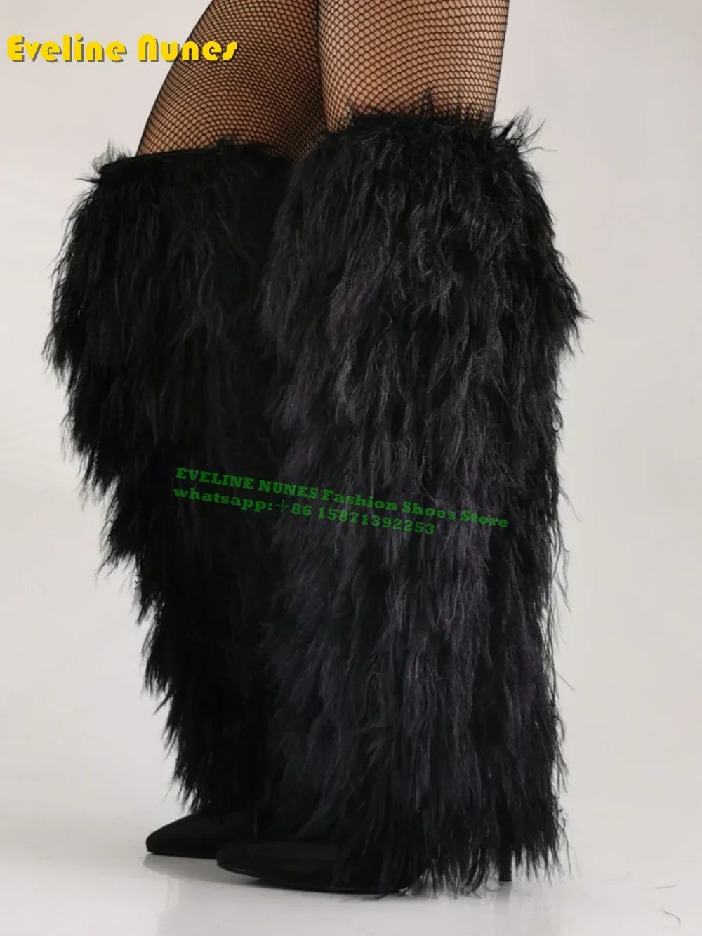 Black Furry Feather Patchwork Fashion Boots Pointed Thin Heel Trendy Stylish Fur Women Sexy Knee High Booties Spicy Girl Winter