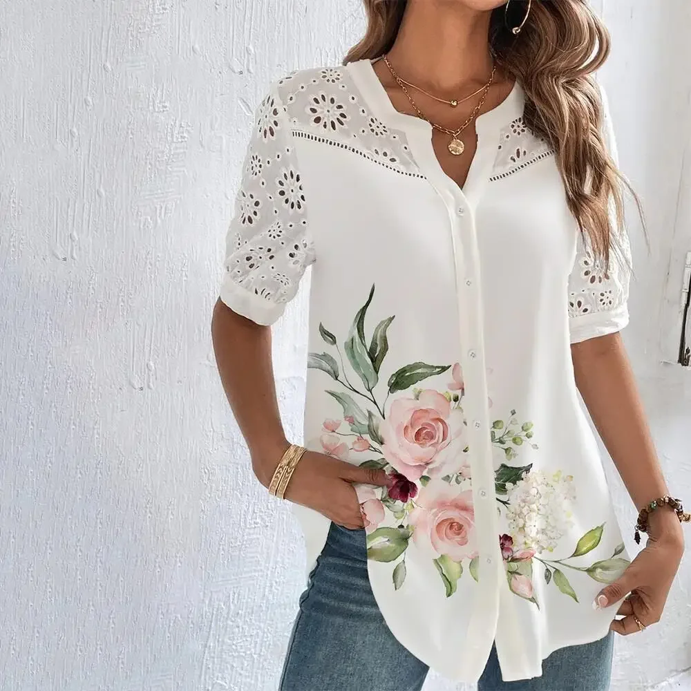 

Pop Pop Temperament Casual Lace Woman Shirt Fashion Loose Shirt Woman Elegant Short Sleeve Blouse Holiday Weekend