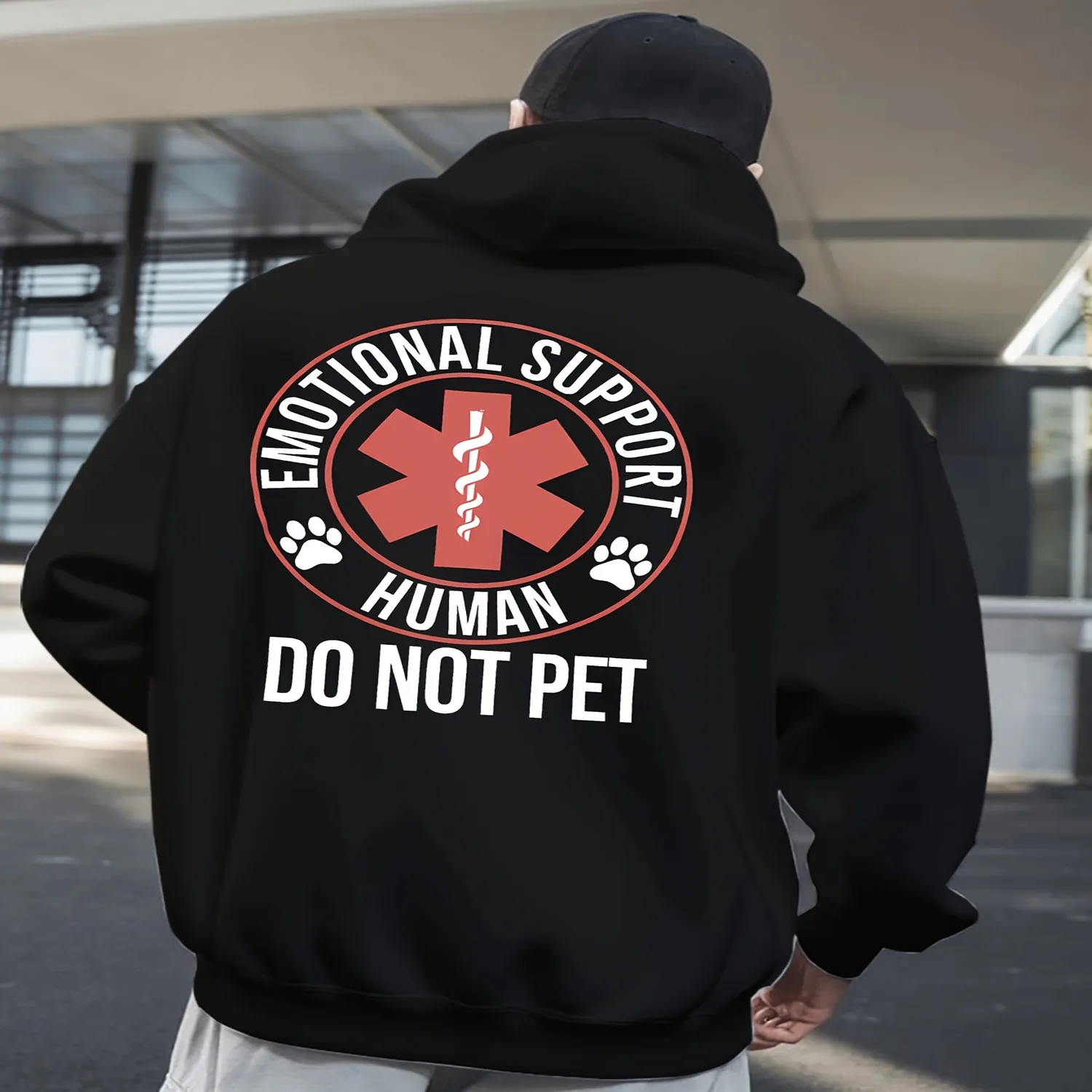 Men's Emotional Support Human No Pets Hoodie- Funny-Inspired Red Graphic Sweatshirt, Loose Fit Winter Streetwear, Warm Casual Pullover Outdoor Parties Casual Attire, Humorous Medical-Themed Appar unisex hoodie, long sleeve hoodie