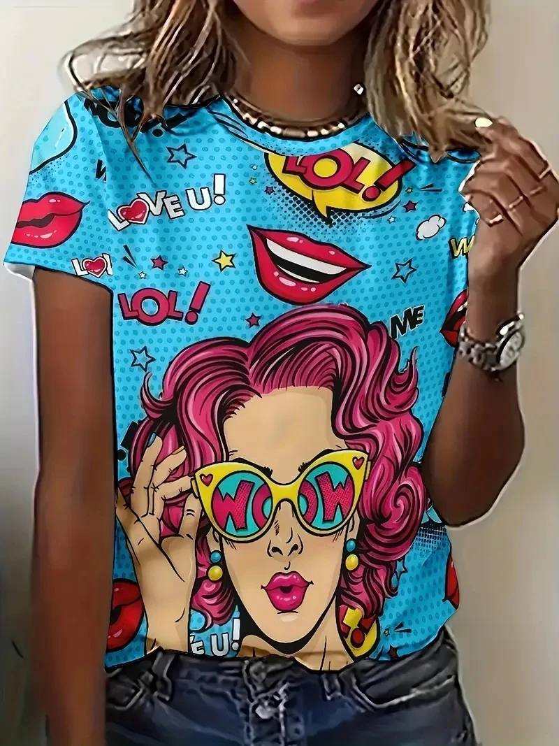 

Women's PLUS Size 3D Full Printed Short Sleeved T-shirt, Bold Lip Print and Fashionable Glasses Pattern, Loose and Casual
