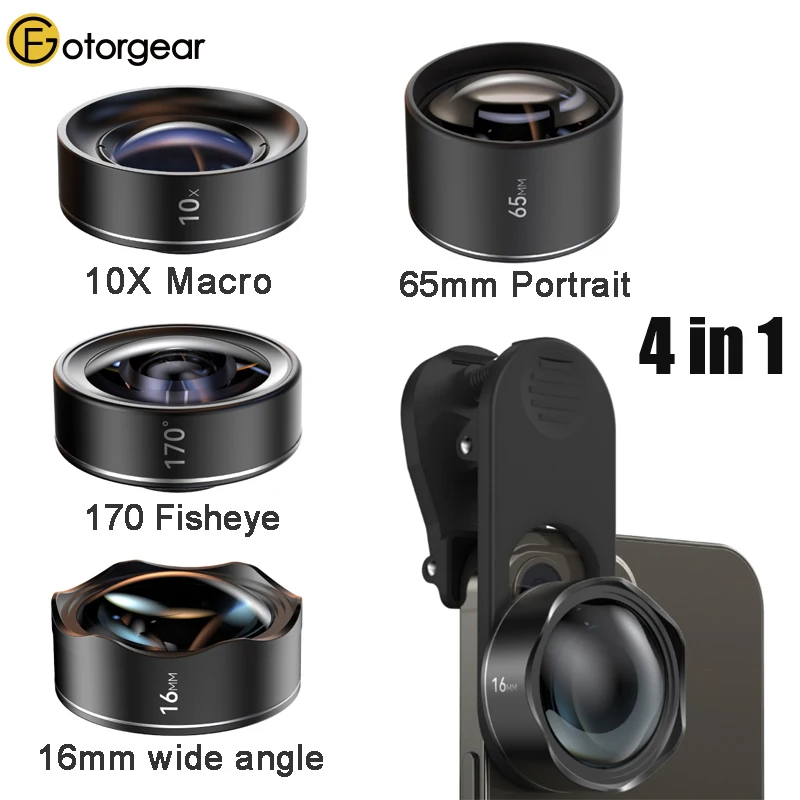 

Fotorgear Mobile Phone Camera Lens Set （10X Macro/65mm Portrait/170° Fisheye/16mm Ultra Wide Lens）For iPhone 12 iPhone 13 Series