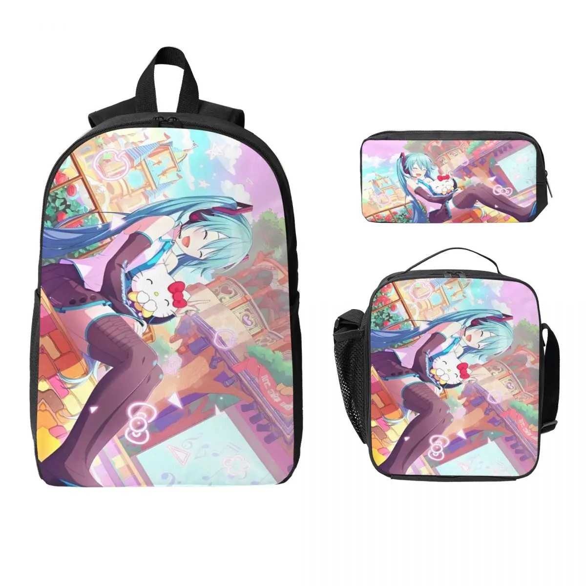 

3 шт., школьные сумки Hatsune Miku, набор для детей, пеналы, наборы рюкзаков с ланч-бокс для школьников, рюкзак