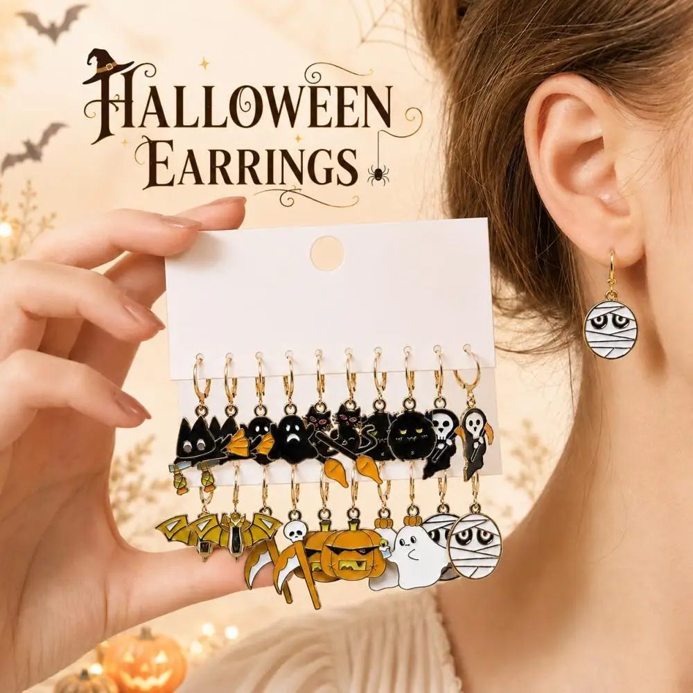 10Pairs Women Halloween Huggie Hoop Earrings Black Cat Bat Pumpkin Ghost Mummy Grim Reaper Spooky Cartoon Cosplay Party Jewelry