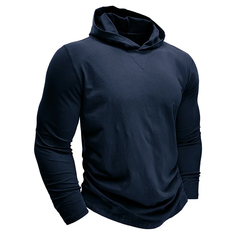 2335 Winter Fall Fashion Men's Hooded T-shirts Solid Color Simple Basic Casual Loose Long Sleeve Tees Cotton Pullover Daily Tops