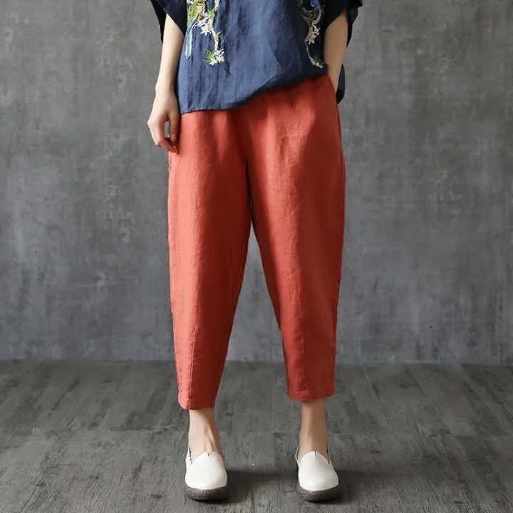 Cotton Linen Casual Pants Women's Loose Slim Straight Summer Thin Nine Points Harem Pants High Waist Elastic Waist Pocket