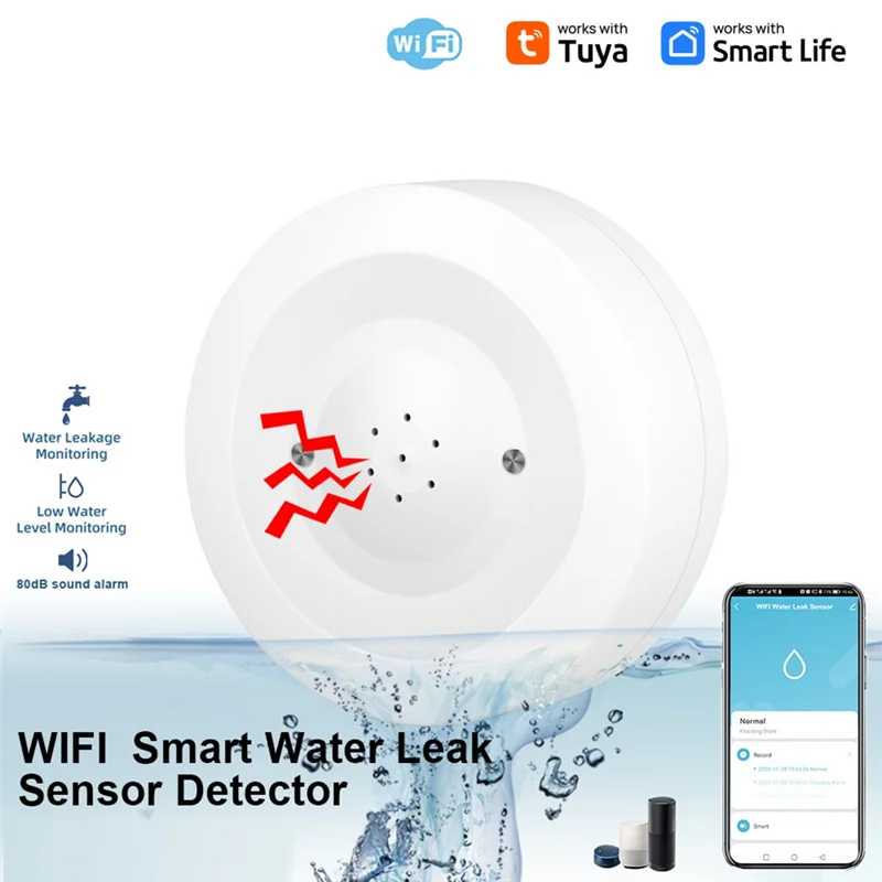 

GROCE-Tuya Wifi Water Leak Sensor Flood Leakage Detector With Sound Alarm 80Db IP55 Waterproof Water Sensor Remote Monitor