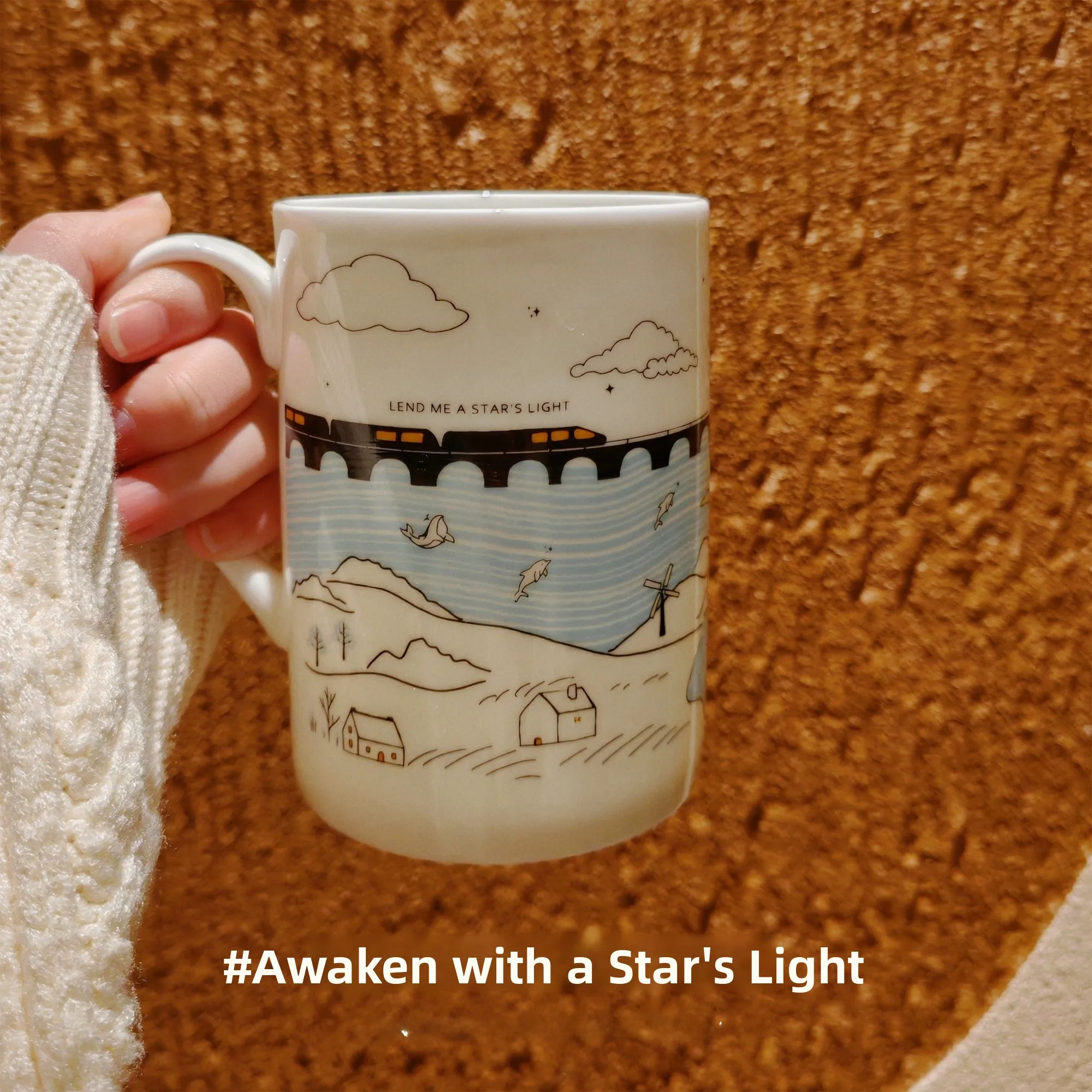 

Sunnan Island Large Capaci Bone China Coffee Cup 500ml Hand-Painted Illustration Lacape Single Ear Handle Mug