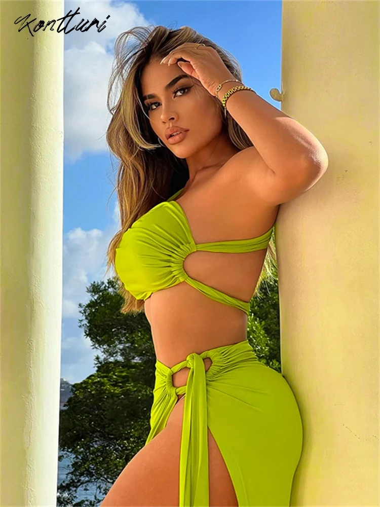 Kontturi Summer Hollow Out Two 2 Piece Sets Women Outfit Sleeveless Backless Crop Tops Cut Out Green Maxi Skirts Matching Sets