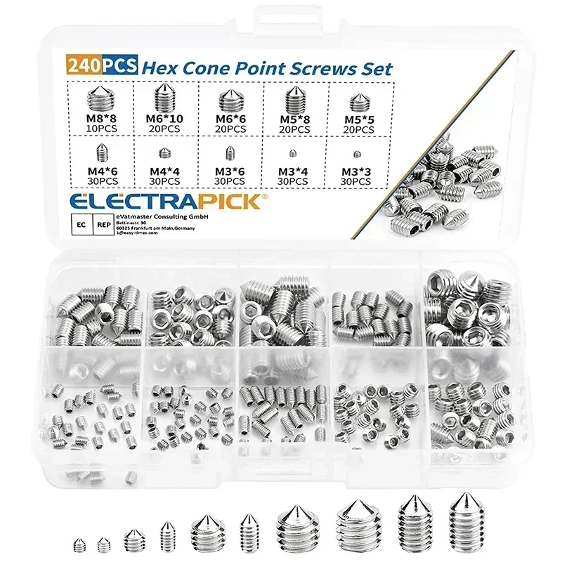240pcs Stainless Steel Hex Socket Screw Set M3/M4/M5/M6/M8 Grub Screws with Cone Point & Tapered End Durable Fasteners
