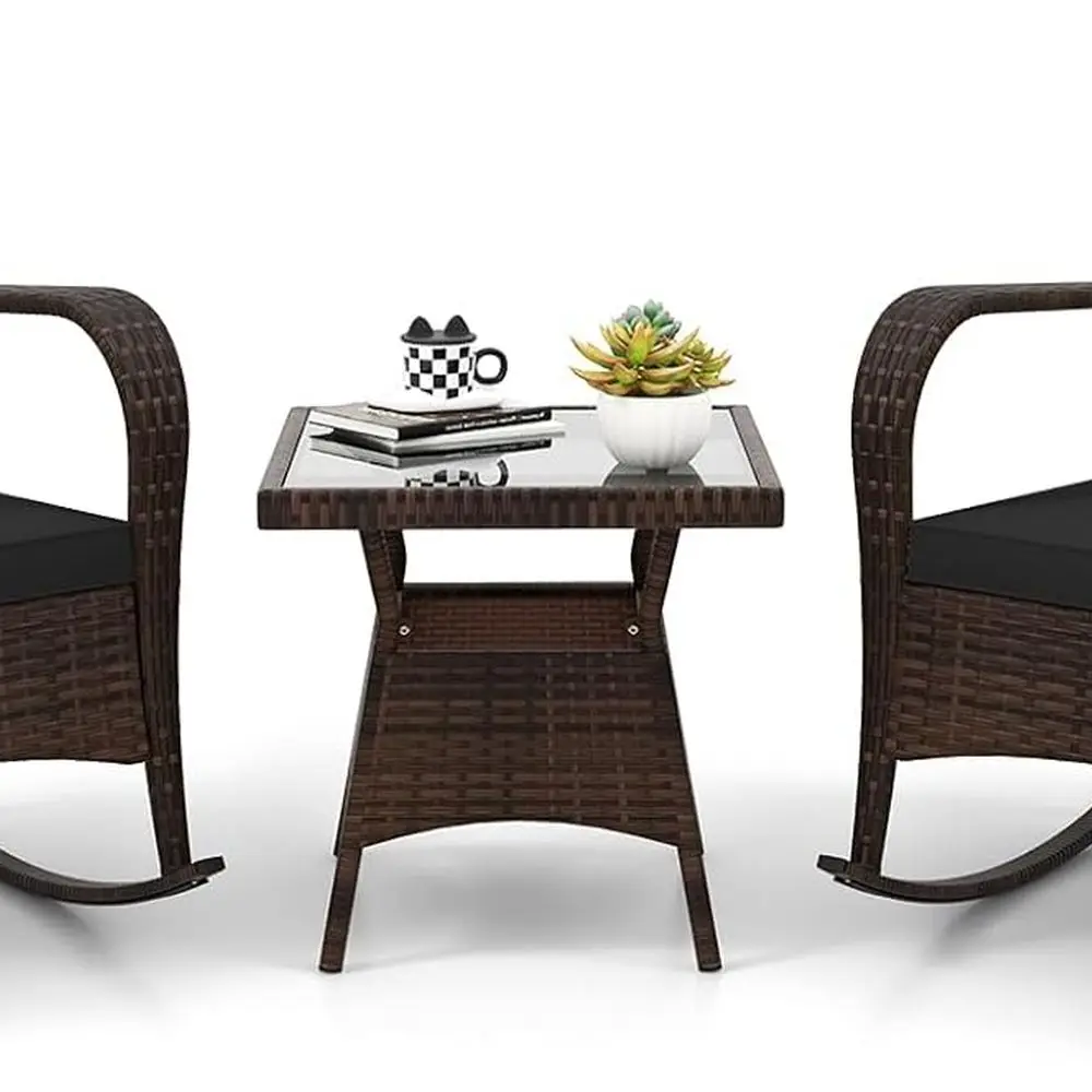 

Patio Furniture Set, Outdoor Wicker Rocking Chairs with Cushions, Pillows, Glass Coffee Table, Rattan Bistro Rocker Set for Balc