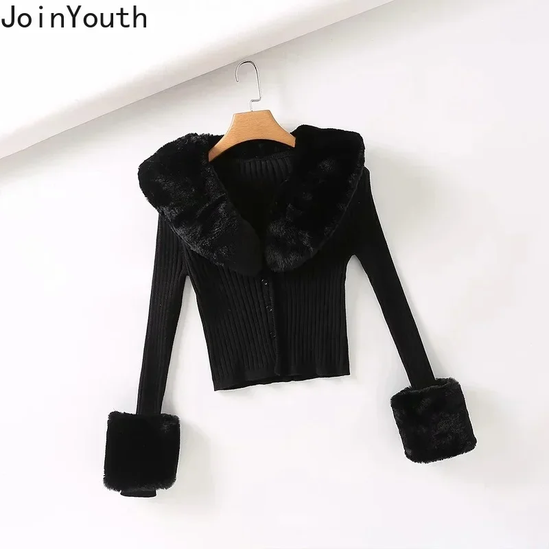 Joinyouth Cropped Cardigan Coat Pull Femme Korean Clothing Vintage Knitted Sweater Women Chic Fur Collar Temperament Sueter Tops