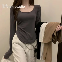 Women's Long Sleeve T-Shirt And Polos Square Neck New Irregular Hem Slim Casual Top Girl Bottom Shirts