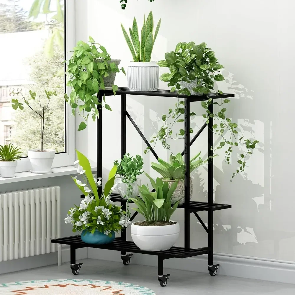 

plant stand indoor, 3 Tier with Wheels, Metal Plants Stand, 35.43 L X 17.5 W X 38.6H . Space Saving, plant stand indoor