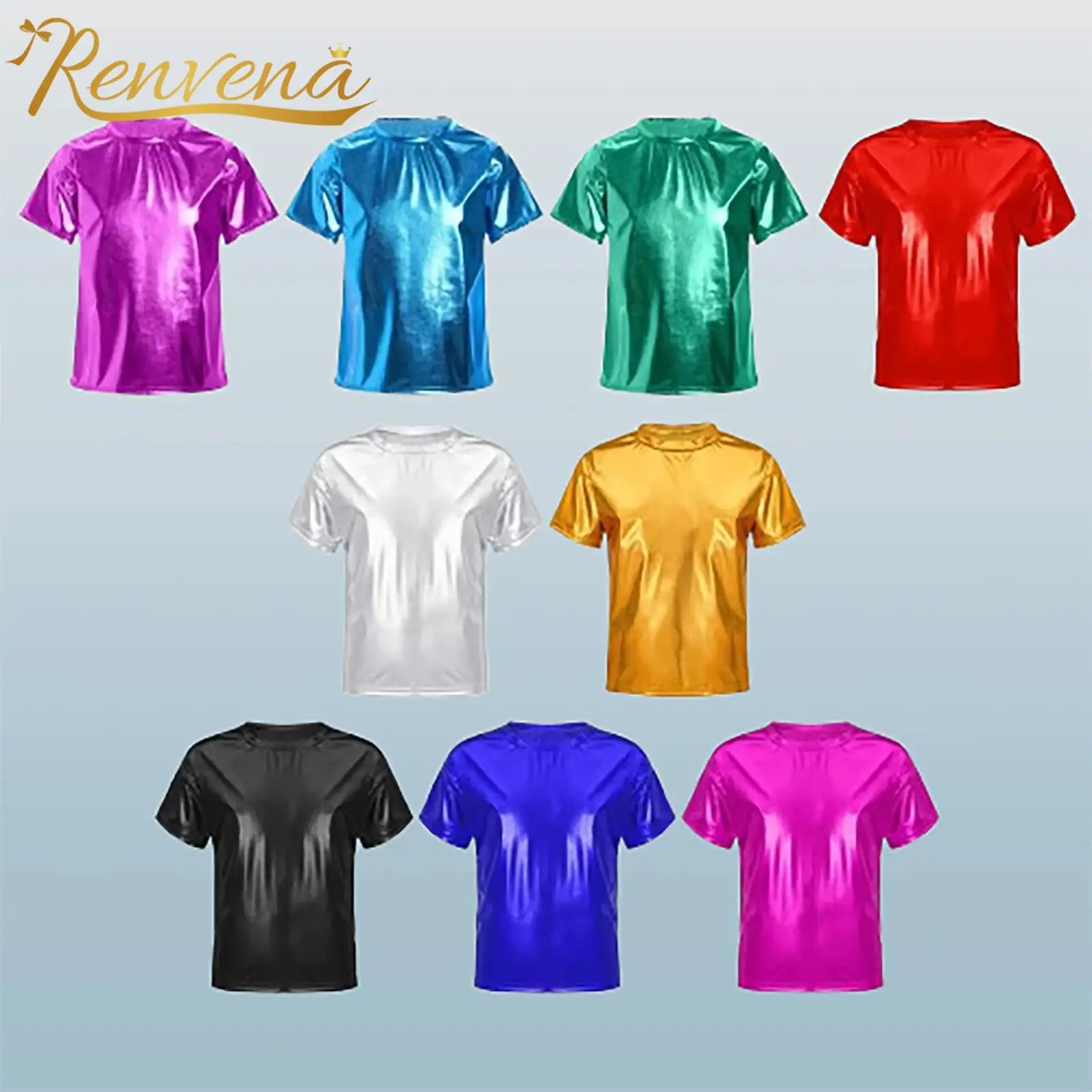 Children T-Shirt Shiny Metallic Short Sleeve Clothes Girl Boys Kids T-Shirt Hip Hop Jazz Dance Costume Top Performance Dancewear