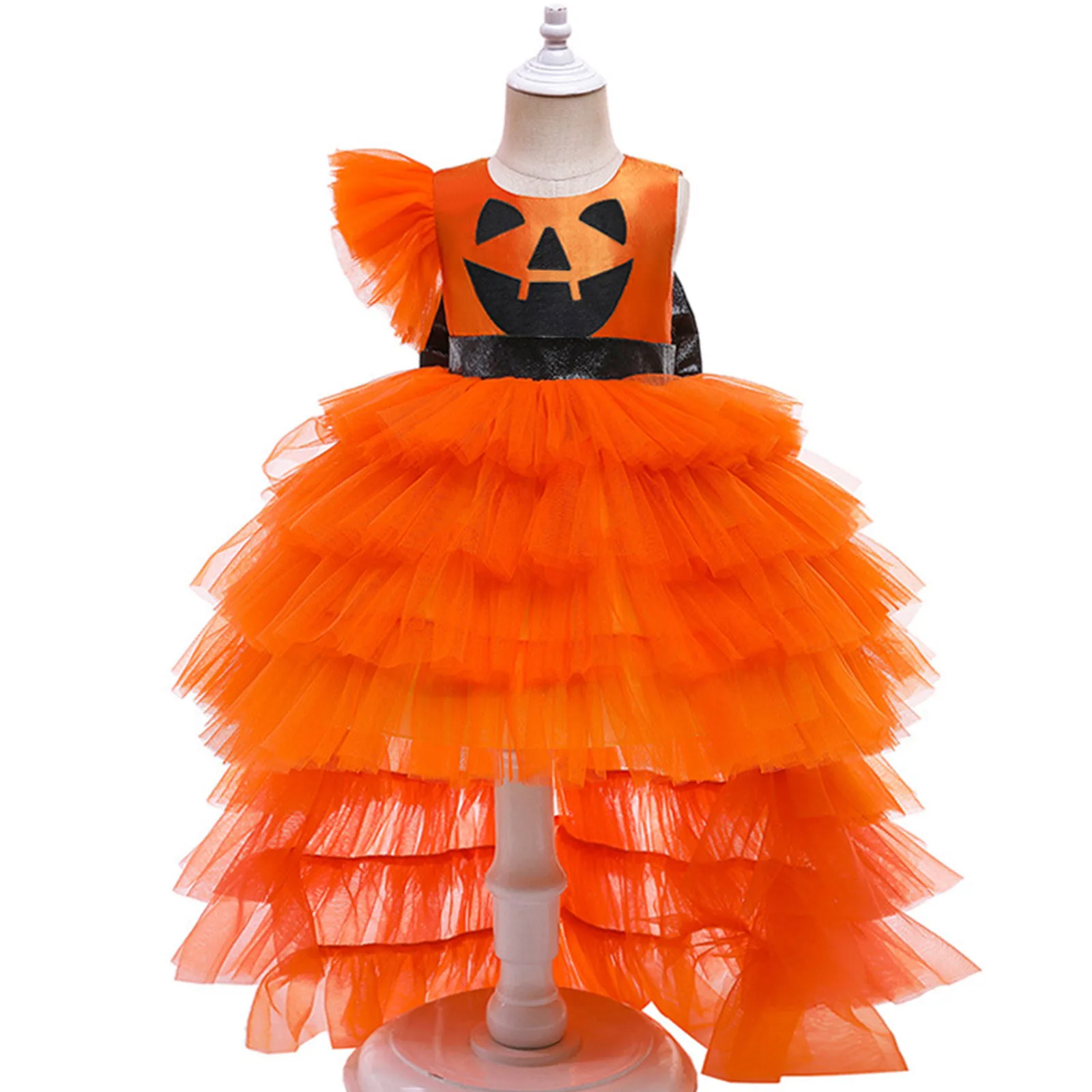 Kinder Mädchen Halloween Kürbis Kleid Bowknot Hallo-lo Saum Layered Mesh Tutu Prinzessin Dreses Thema Party Karneval Cosplay Kostüm