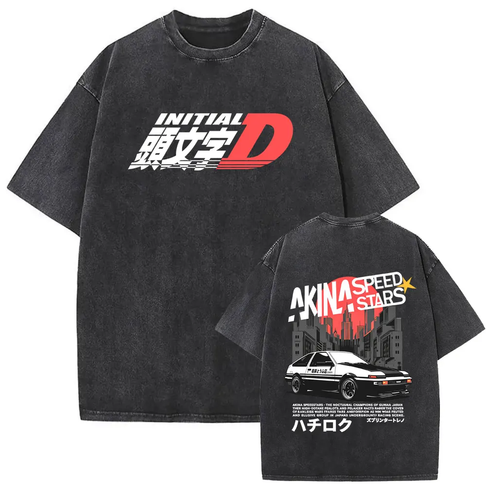 Anime Initial D Drift AE86 Takumi Fujiwara Tofu Shop Akagi Redsuns Vintage Washed T-shirt Men's Clothing Manga Oversized T Shirt