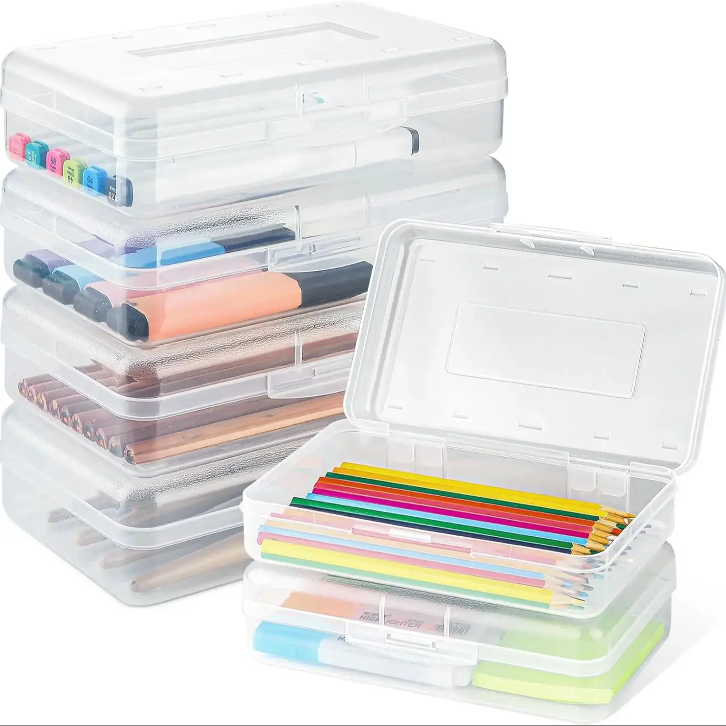 Clear Pencil Boxes 4Pack Large Capacity Plastic Organizer Storage Boxes for School Bulk Stackable Design, Office Supplies Storag