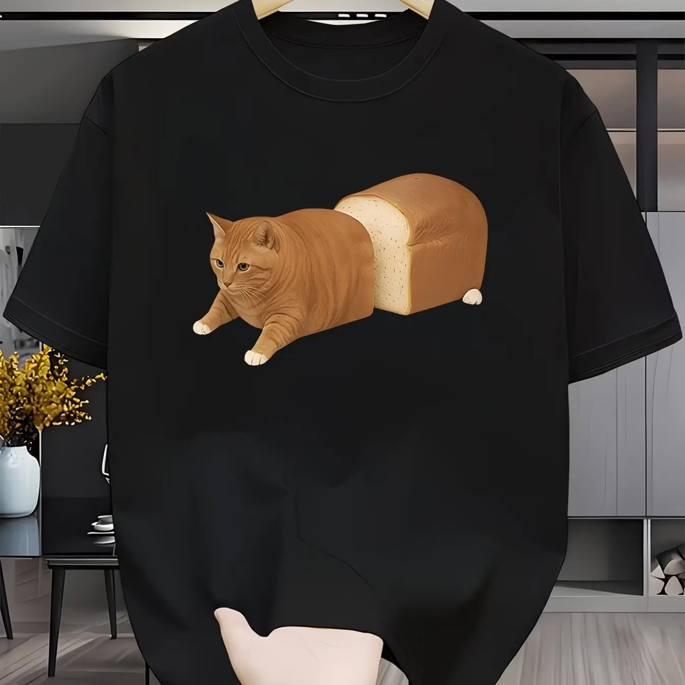 Fun and Creative Cat Bread Pattern Printed Round Neck T-shirt Summer unisex Loose and Breathable cotton T-shirt Top