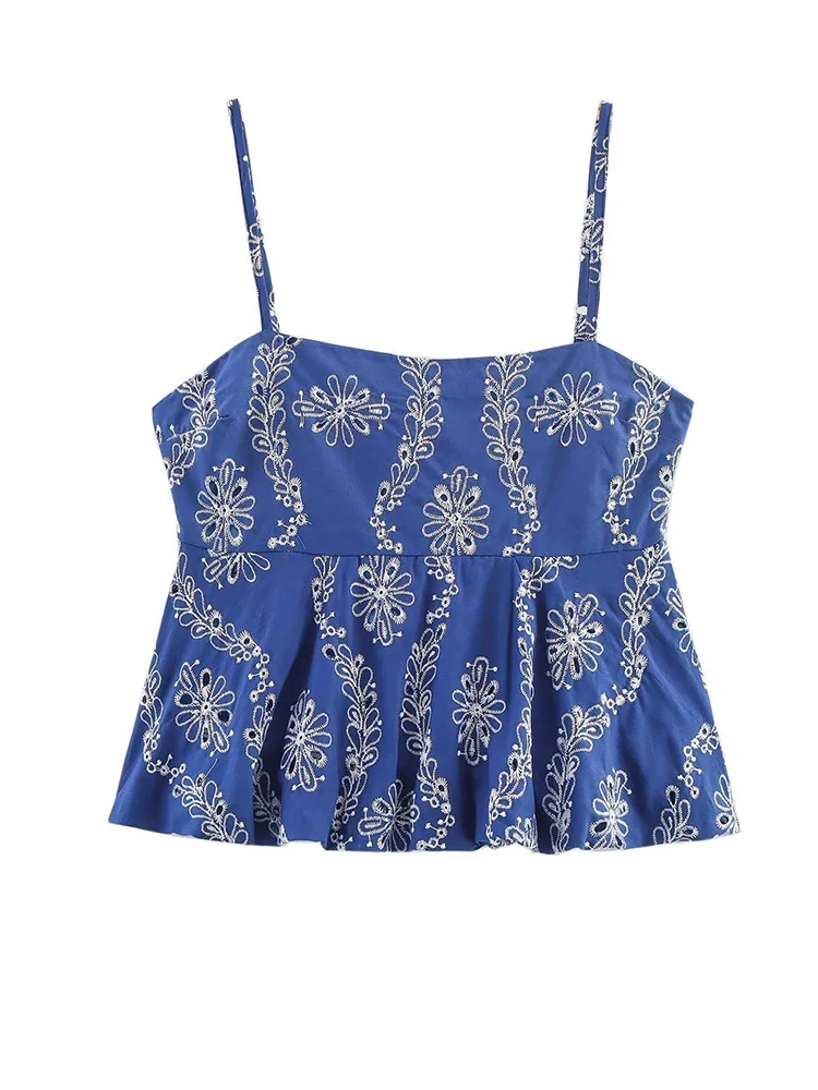 

Summer Floral Embroidery Cami Top Women Sleeveless Backless Crop Tops