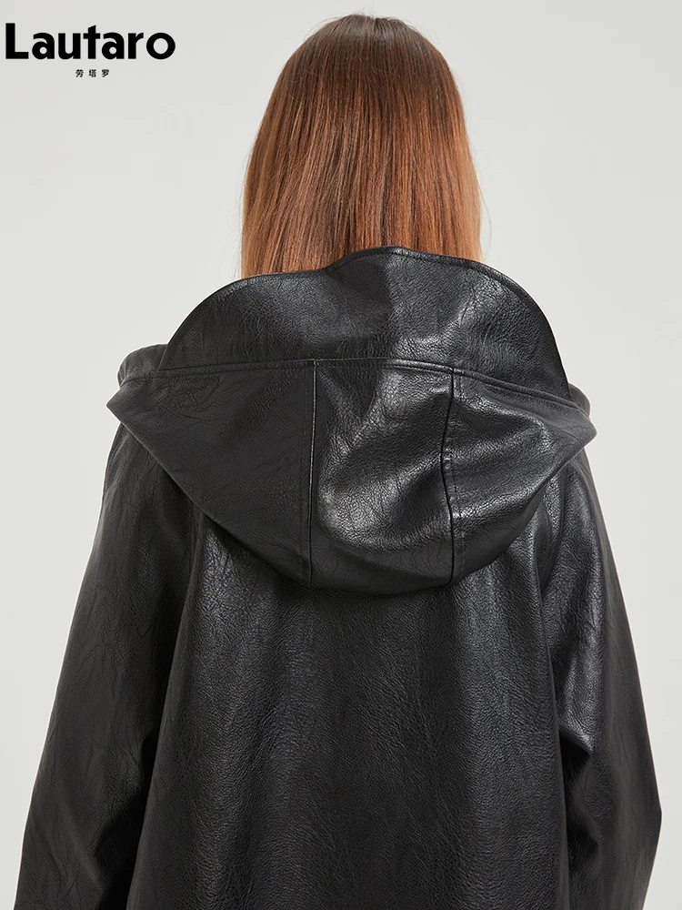 Lautaro-Manteau long en cuir PU imperméable pour femme, coupe-vent avec capuche, fermeture éclair, noir, décontracté, printemps, automne, 2024