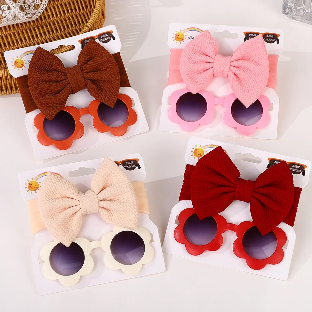 2 Pcs/Set New Children Solid Color Cotton Bowknot Wide Hairband Round Sunglasses Set Baby Girls Sunglasses Kids Hair Accessories