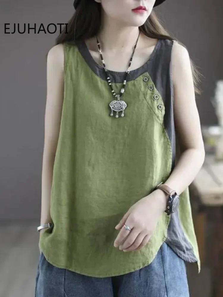 Summer Woman New Cotton Linen Loose Literary Retro Suspender Vest Thin Dissymmetry Top Button Decorate Spliced T-shirt