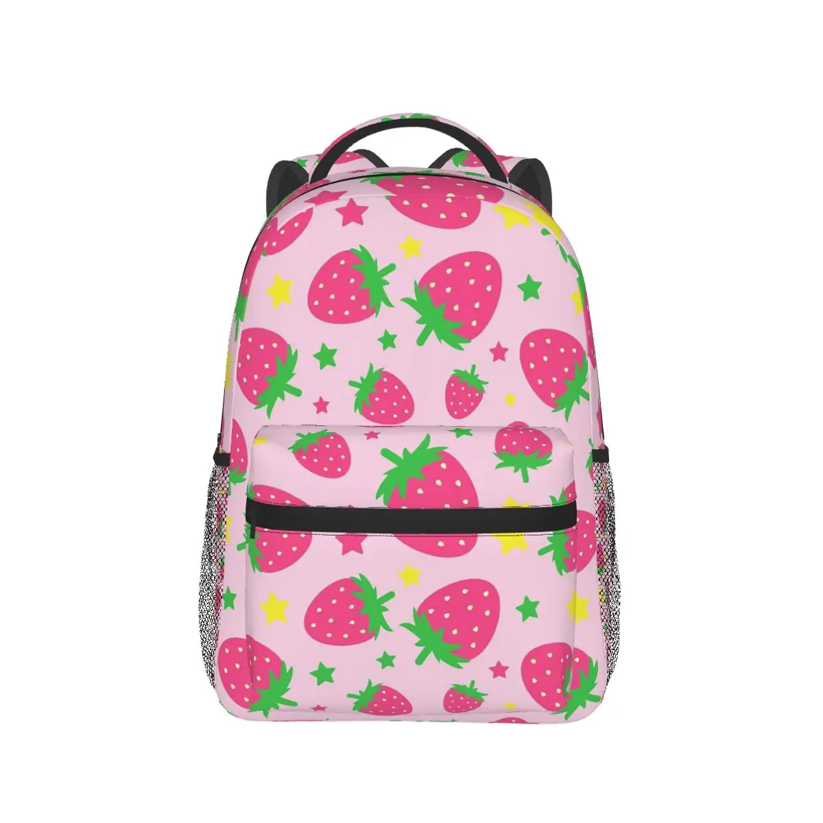 

Pink Strawberry And Yellow Star Backpack Hot Sale Daypack Large Capacity Kids BookBag School Bag Shoulder Bags for Men Women