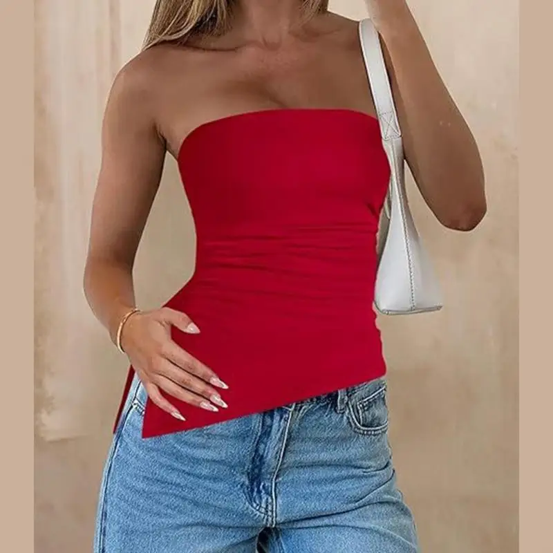F42F STRAPLING RUCHED TUP TOP TOP للنساء الجانبي الشق المركبة