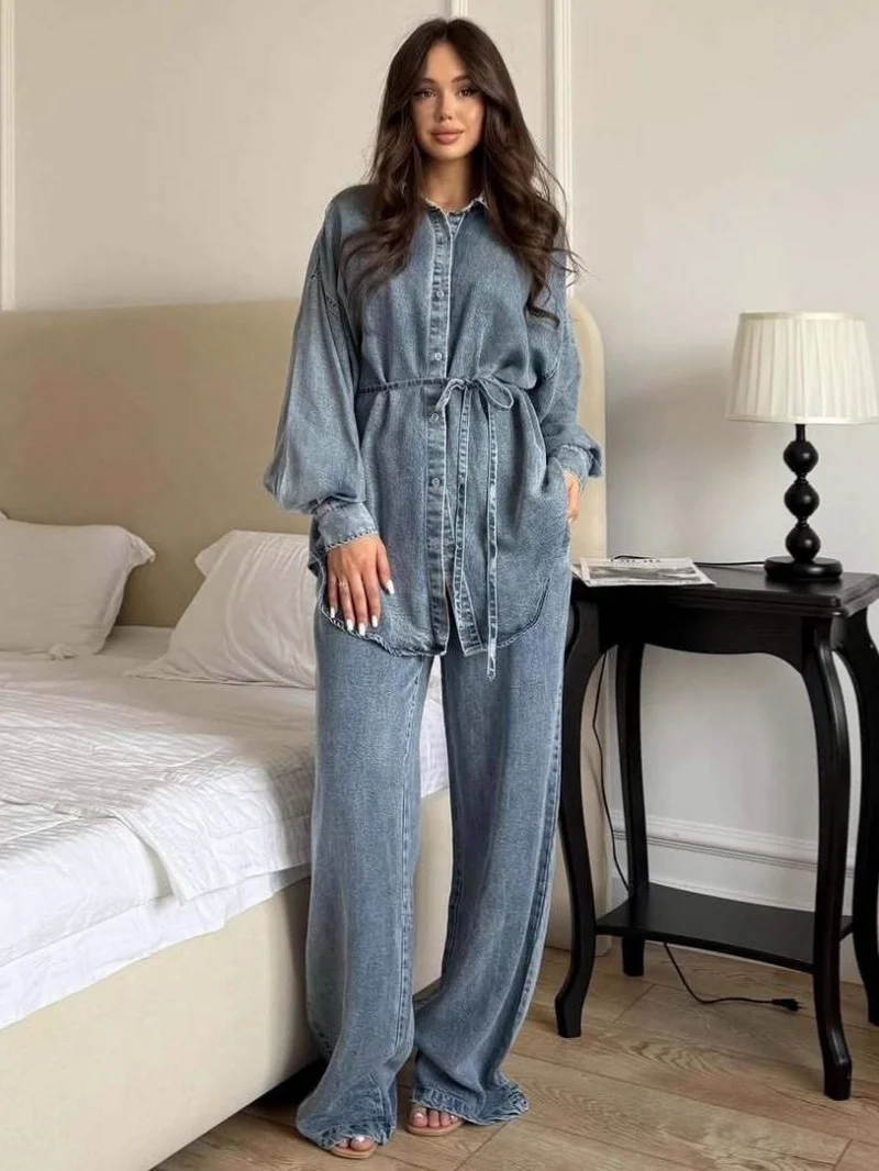 Fashion Denim 2 Piece Sets Women Outfits Autumn Clothing Women 2026 Long Sleeve Jean Shirt Top and Pants Suits Cowboy Woman Sets