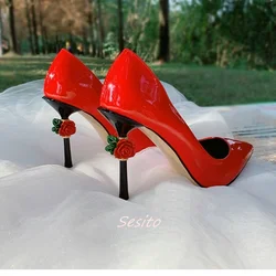 Red Rose Flower Sculpture Heel Pumps Patent Leather Pointy Toe Fashion Women Sexy Slip On Summer Sandals Party Dress Casual Shoe