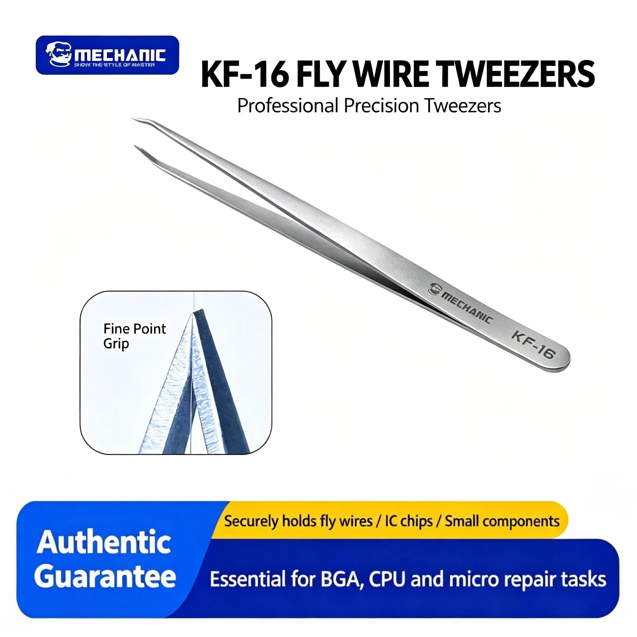 MECHANIC KF-16 Precision Electronic Component Flying Wire Bend Tweezers, V-shaped Tip, Non-magnetic Anti-sticking Repair Tool