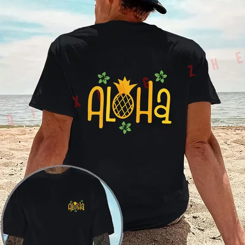 

ALOHA Pineapple Tuberose Hawaiian Vacation Print Motorcycle T-Shirt Cotton Double-Sided Print Men Short Sleeve Summer Tops