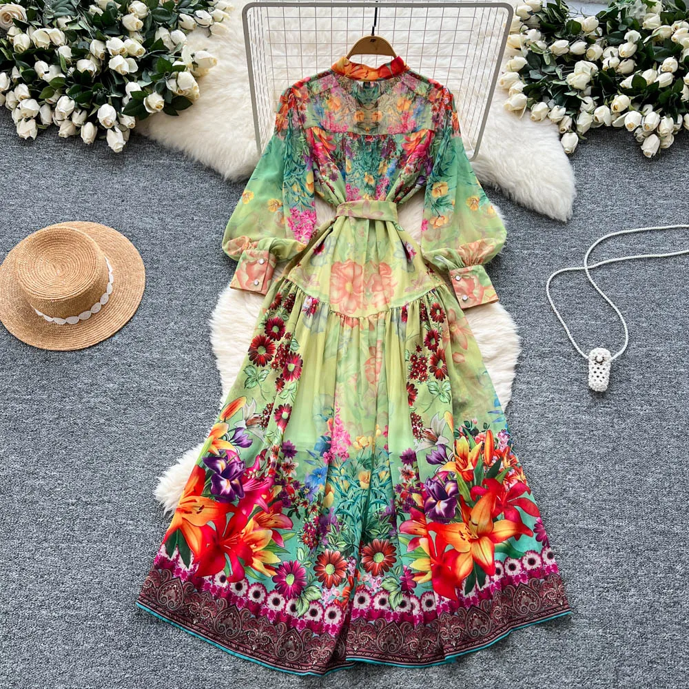 2025 sommer Druck Große Schaukel Kleid Weibliche Laterne Hülse Stehkragen Einreiher Spitze Up Design Frauen Vintage Lange Kleider