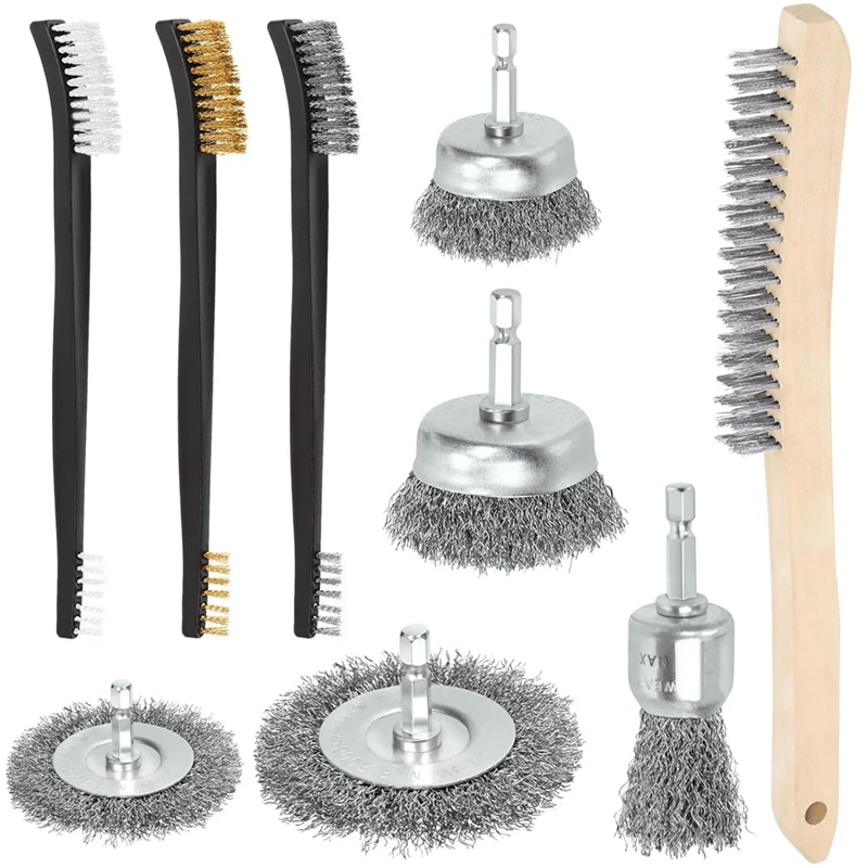 9 Piece Wire Brush Set, As Shown Stainless Steel With 1/4 Inch Hex Shank,For Stripping, Welding, Cleaning Rust