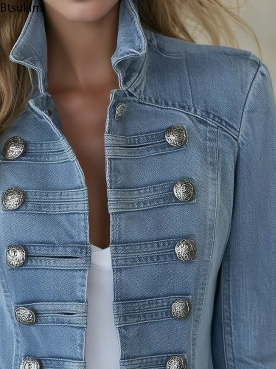 Women Vintage Denim Jacket Stand Collar Decor Metal Buttons Slim Mid Long Light Wash Jean Outerwear Casual Fashion Ladies Coat