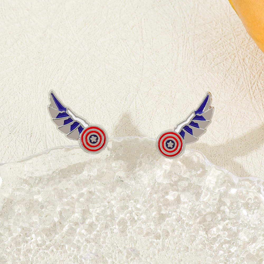 Color Block Wing Shield Enamel Stud Earrings Fashion Red Blue White Design Cosplay Accessories Gift for Women And Men