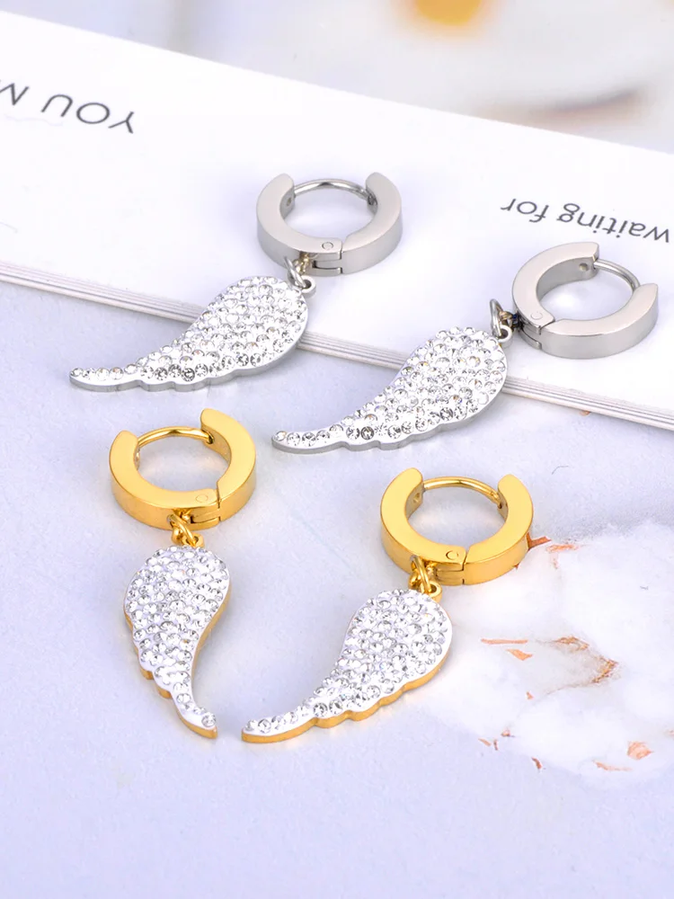 Lokaer White Clay Crystal Angel Wings Hoop Earrings For Women Trendy Stainless Steel Rhinestone Earrings Серьги Женские E23030