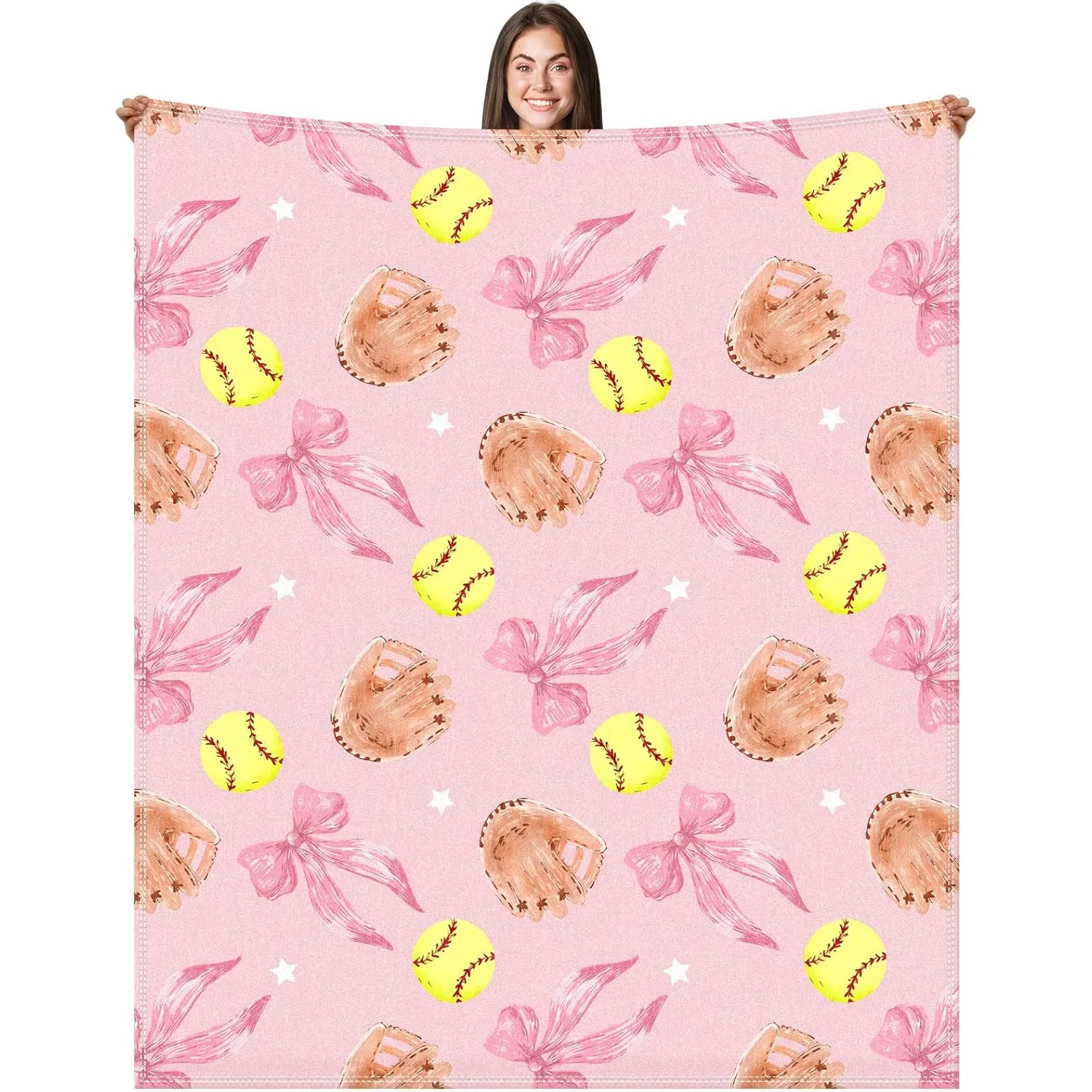 Pink Baseball Floral Throw Blanket Cozy Decorative Cute Accent Quilt Bed Cover Gift for Girls Nursery Kids Room Decor