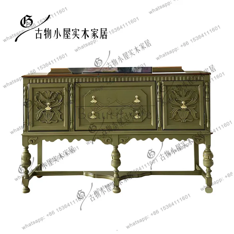 French engraved Roman pillar dining side cabinet/wabi-sabi solid wood locker/customizable