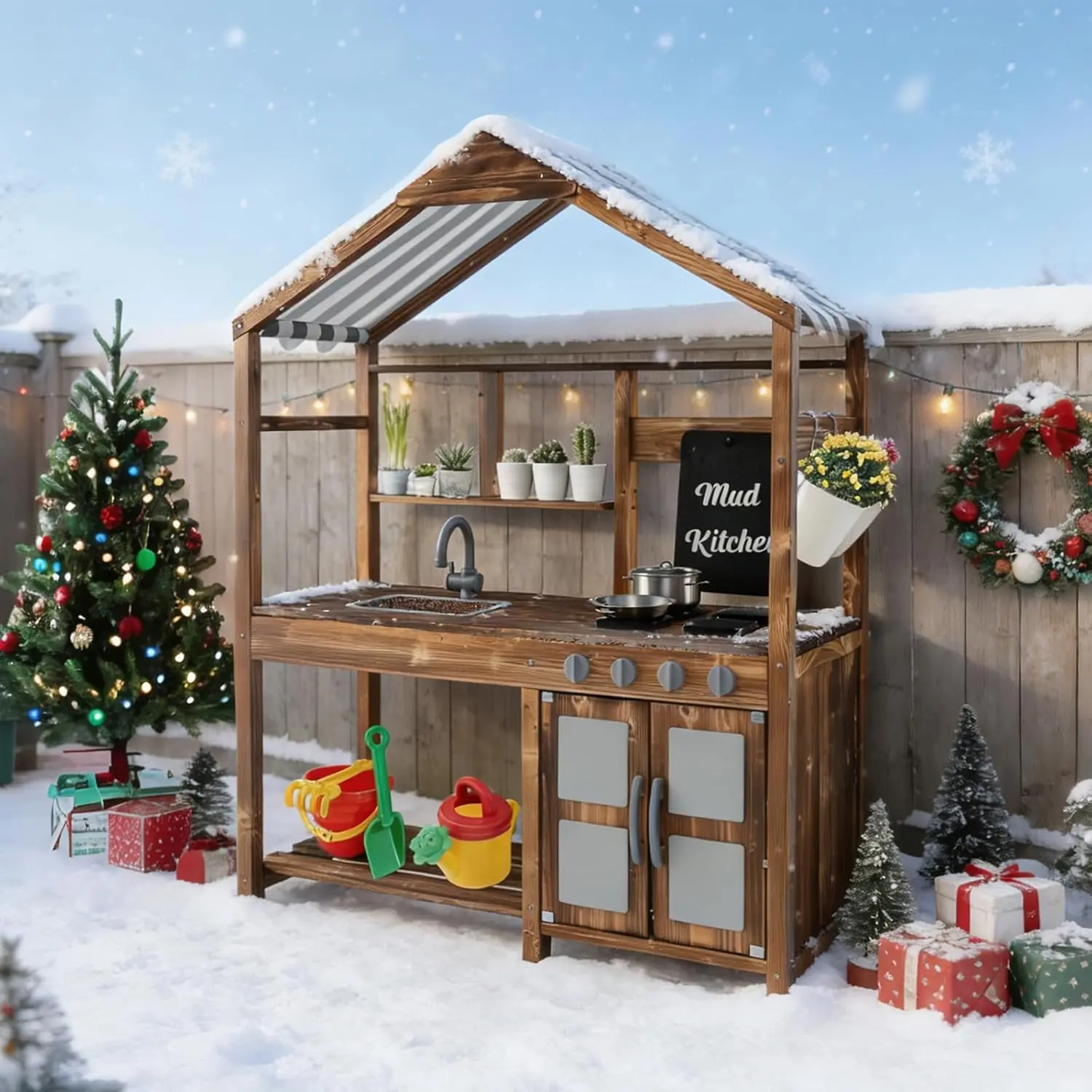 

Mud Kitchen with Canopy, Fir Wood Play Kitchen for Toddlers, Garden Sink, Stoves, Chalkboard, Storage Cabinet,, Customized