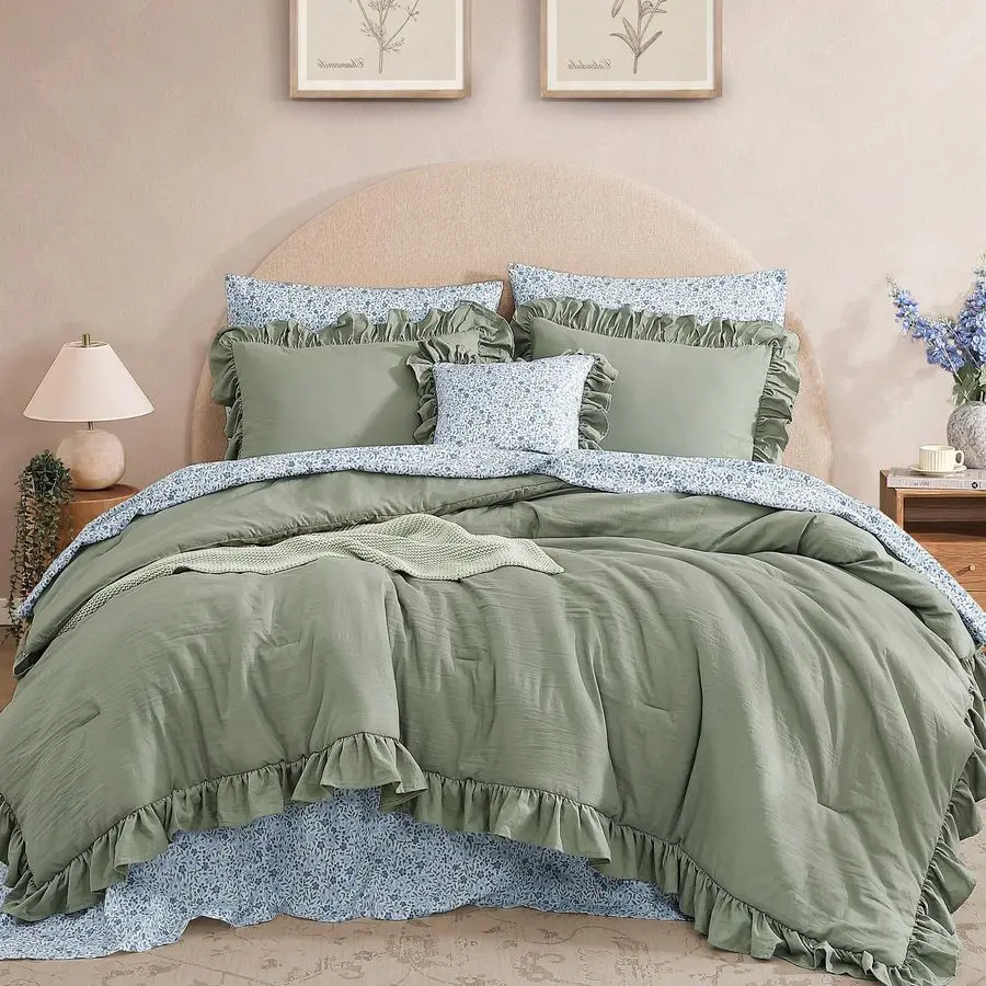 

Comforter Set 7 Pieces Ruffle Sage Green Bedding Sets, Shabby Chic Farmhouse Bed in a Bag Queen with Ruffle Comforter, Floral Sh