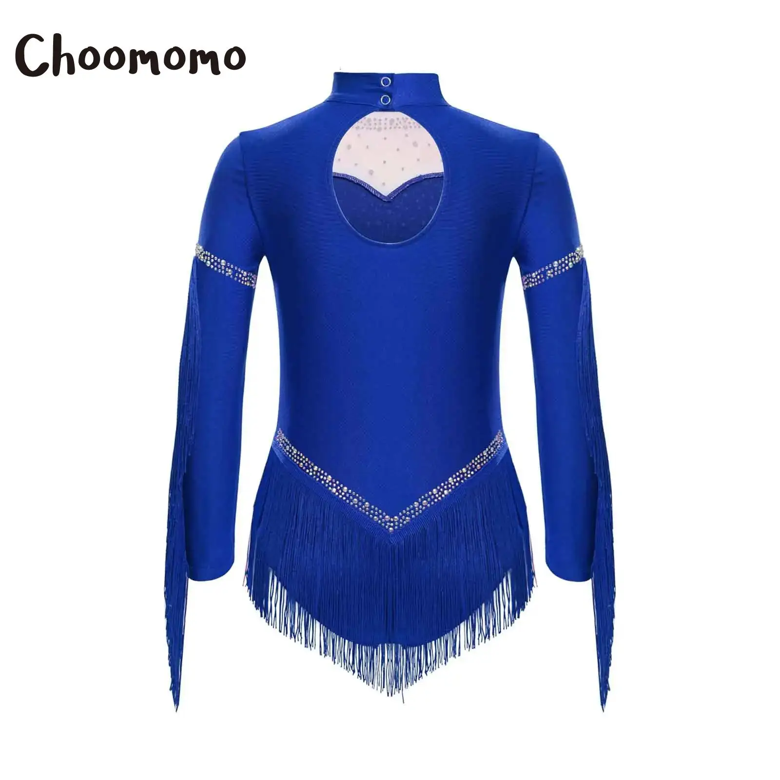 

Girls Latin Dance Leotard Dress Long Sleeve Rhinestones Tassels Cha-Cha Tango Jumpsuit Rhythmic Gymnastics Skating Costume
