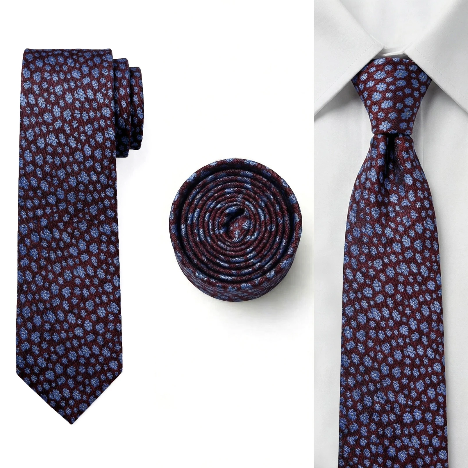 Floral Tie Hanky Set Burgundy Blue Mens Necktie Pocket Square Set Wedding Groomsmen Gift Slim Skinny 6cm Extra Long XL Vintage