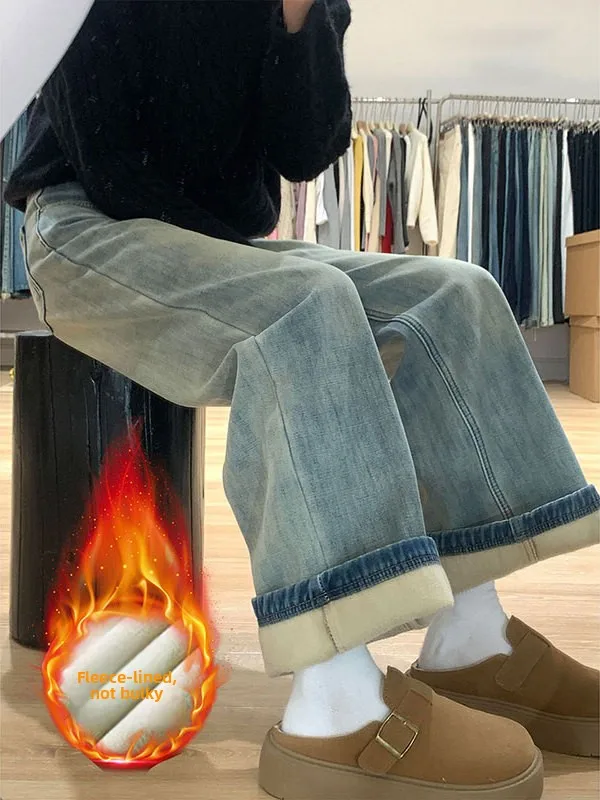

High Waist Wide Leg Fce Lined Thi Denim Jeans Loose Fit Bootcut Pants for Women Autumn Winter Casual Straight Leg Trousers